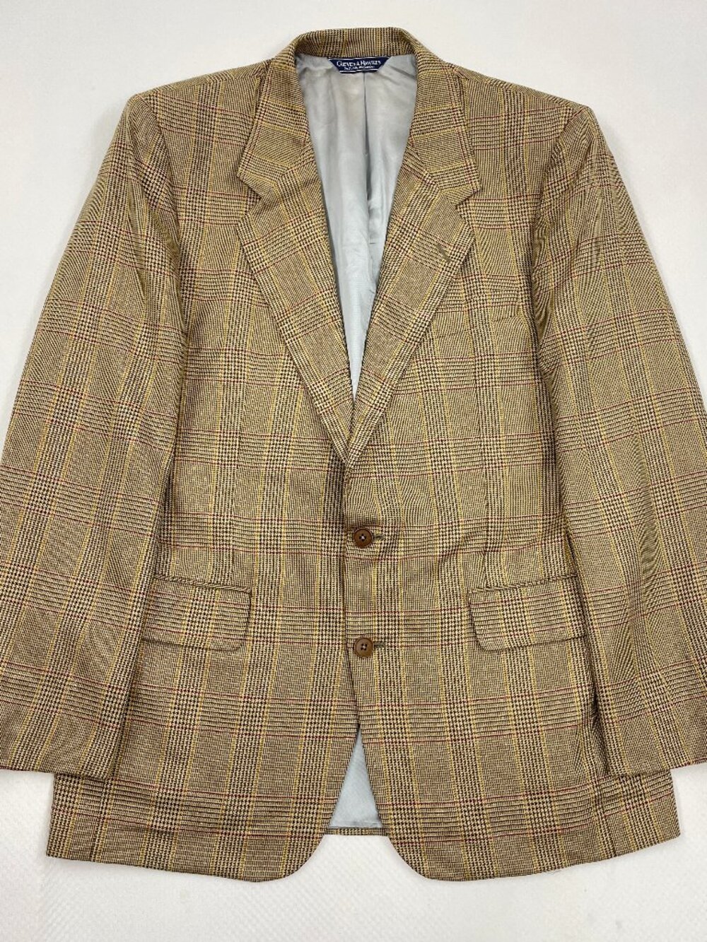 Gieves & Hawkes Tan Brown Glen Plaid Silk Wool Blazer Jacket Coat Men's 40 R